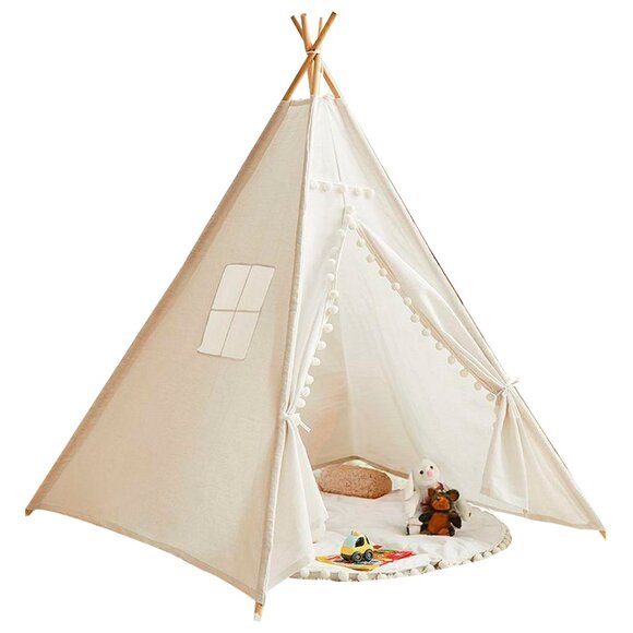 Large Foldable Kids Canvas Teepee Play Tent With Lights  ( White ) - Picture 1 of 7
